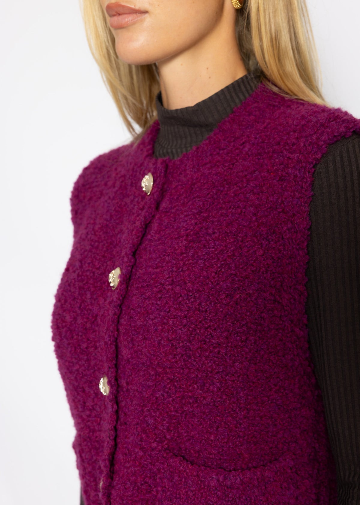 Bouclé-Weste mit Taschen - pflaume