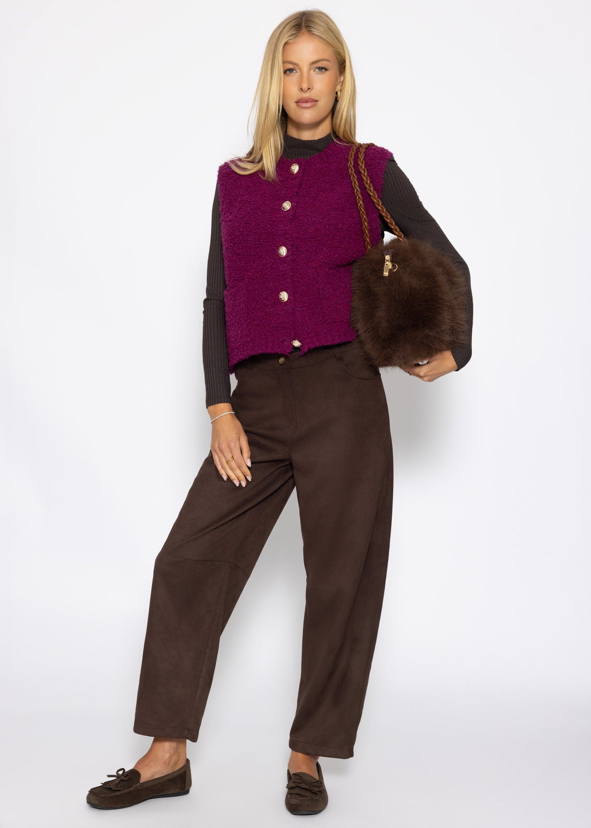 Bouclé-Weste mit Taschen - pflaume