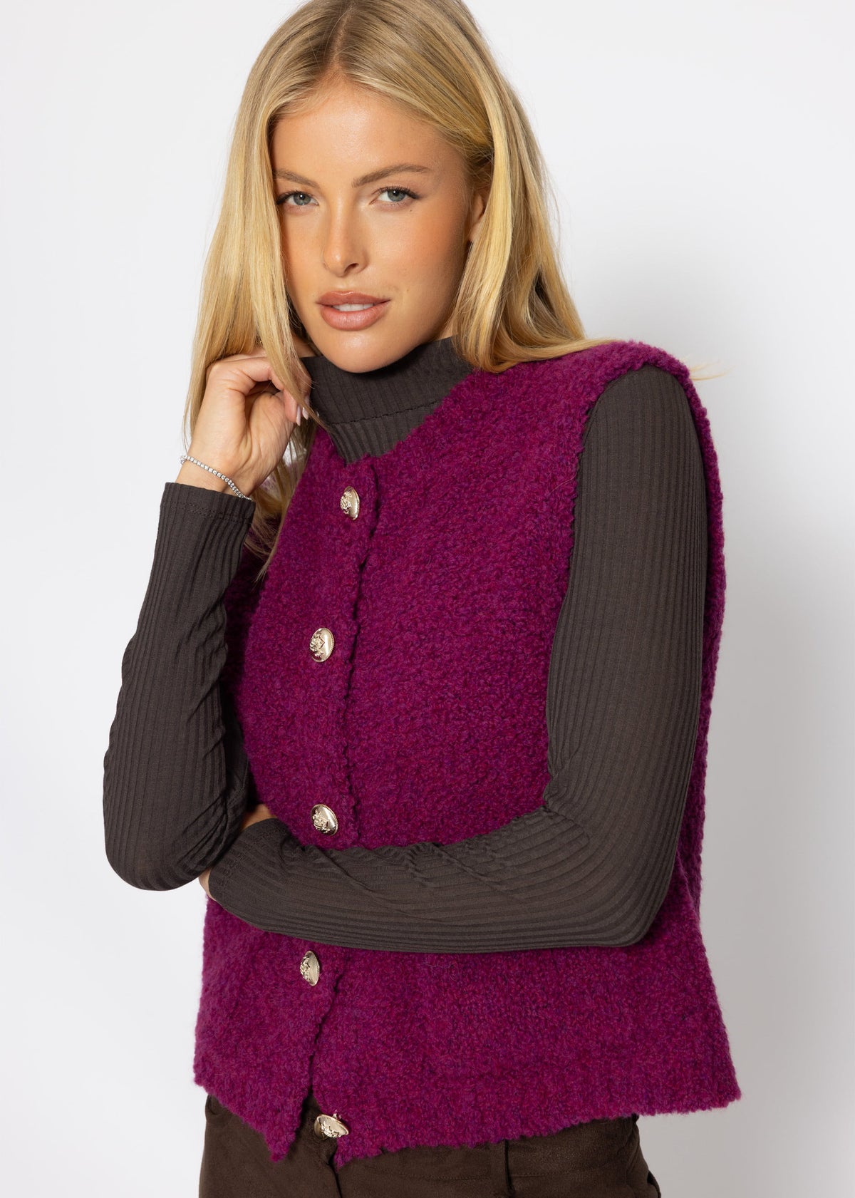 Bouclé-Weste mit Taschen - pflaume