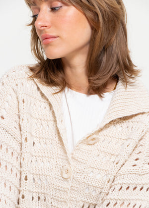 Openwork knit cardigan with collar - beige