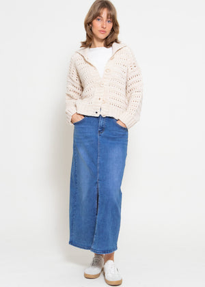 Openwork knit cardigan with collar - beige