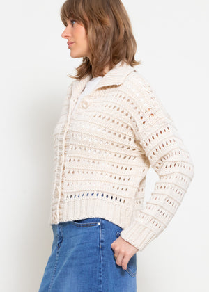 Openwork knit cardigan with collar - beige