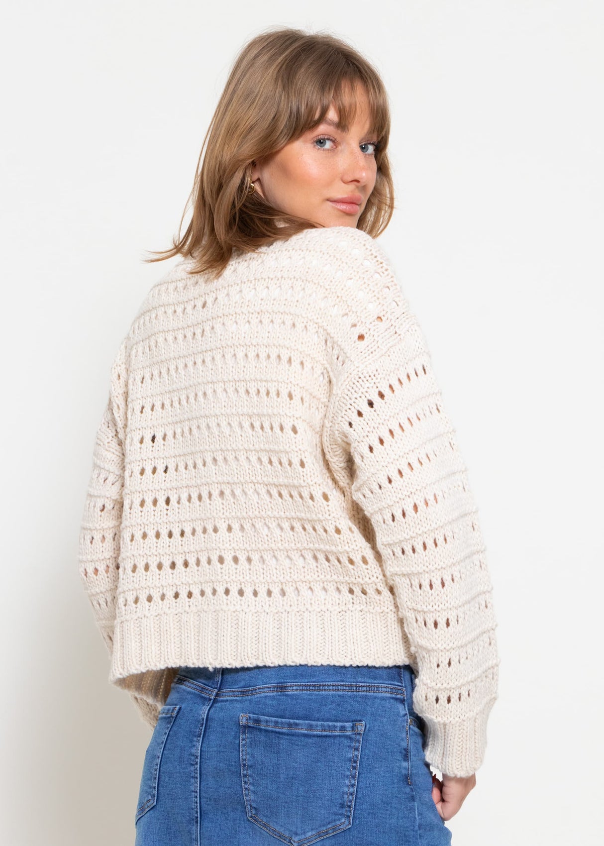 Openwork knit cardigan with collar - beige