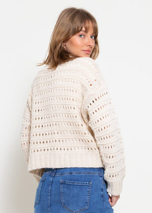 Openwork knit cardigan with collar - beige