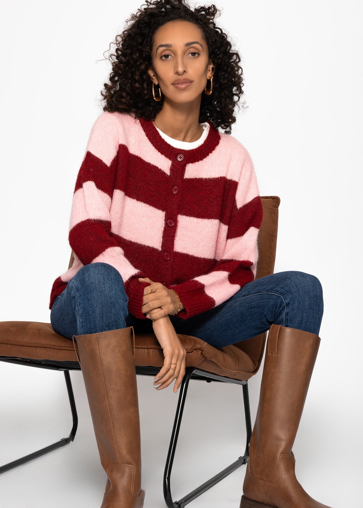 Cardigan with block strips - pink red
