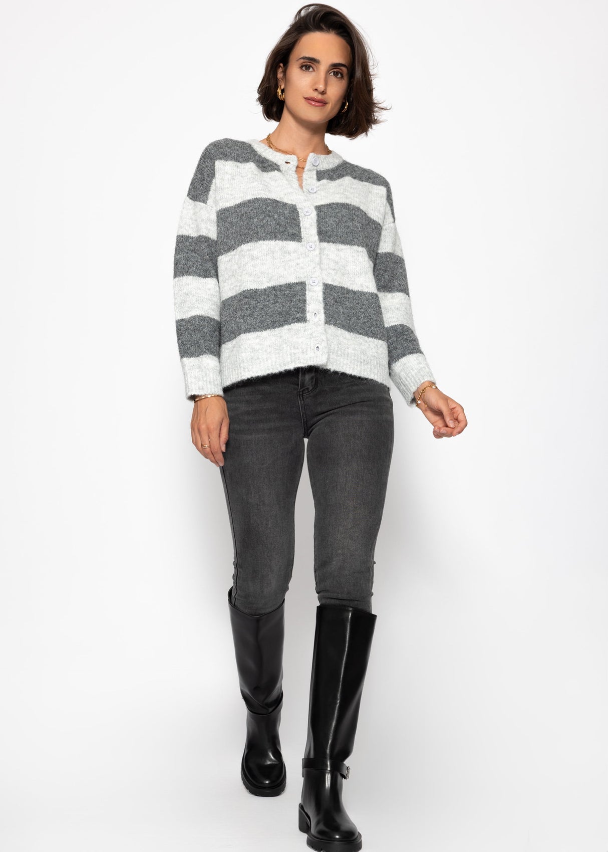 Cardigan with block strips - gray