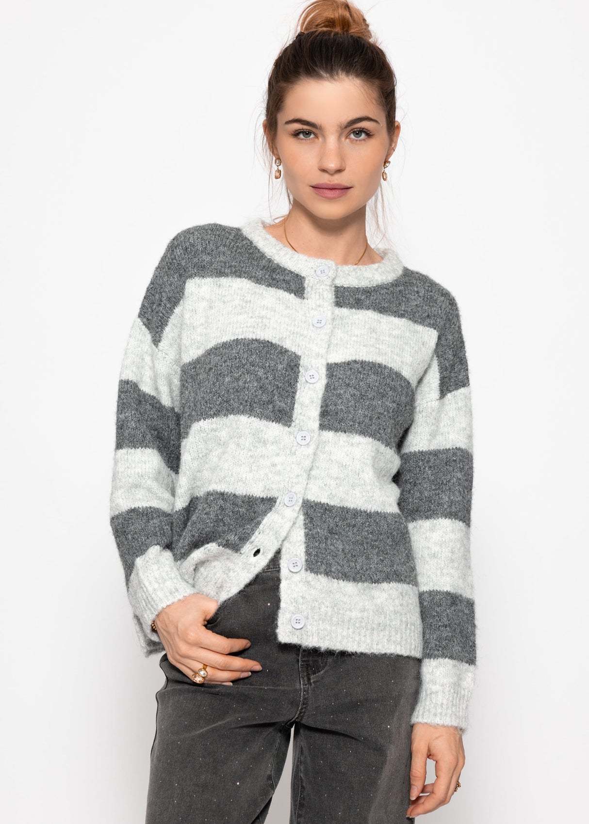 Cardigan with block strips - gray