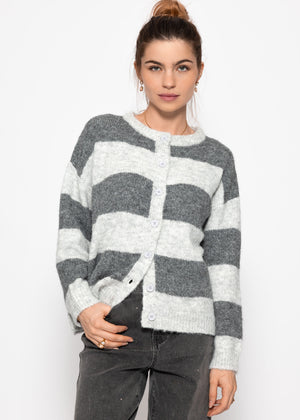Cardigan with block strips - gray