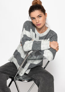 Cardigan with block strips - gray