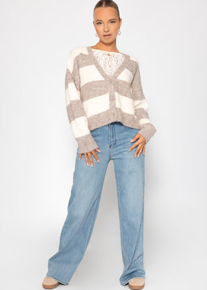 Cardigan mit Blockstreifen und V-Ausschnitt - beige