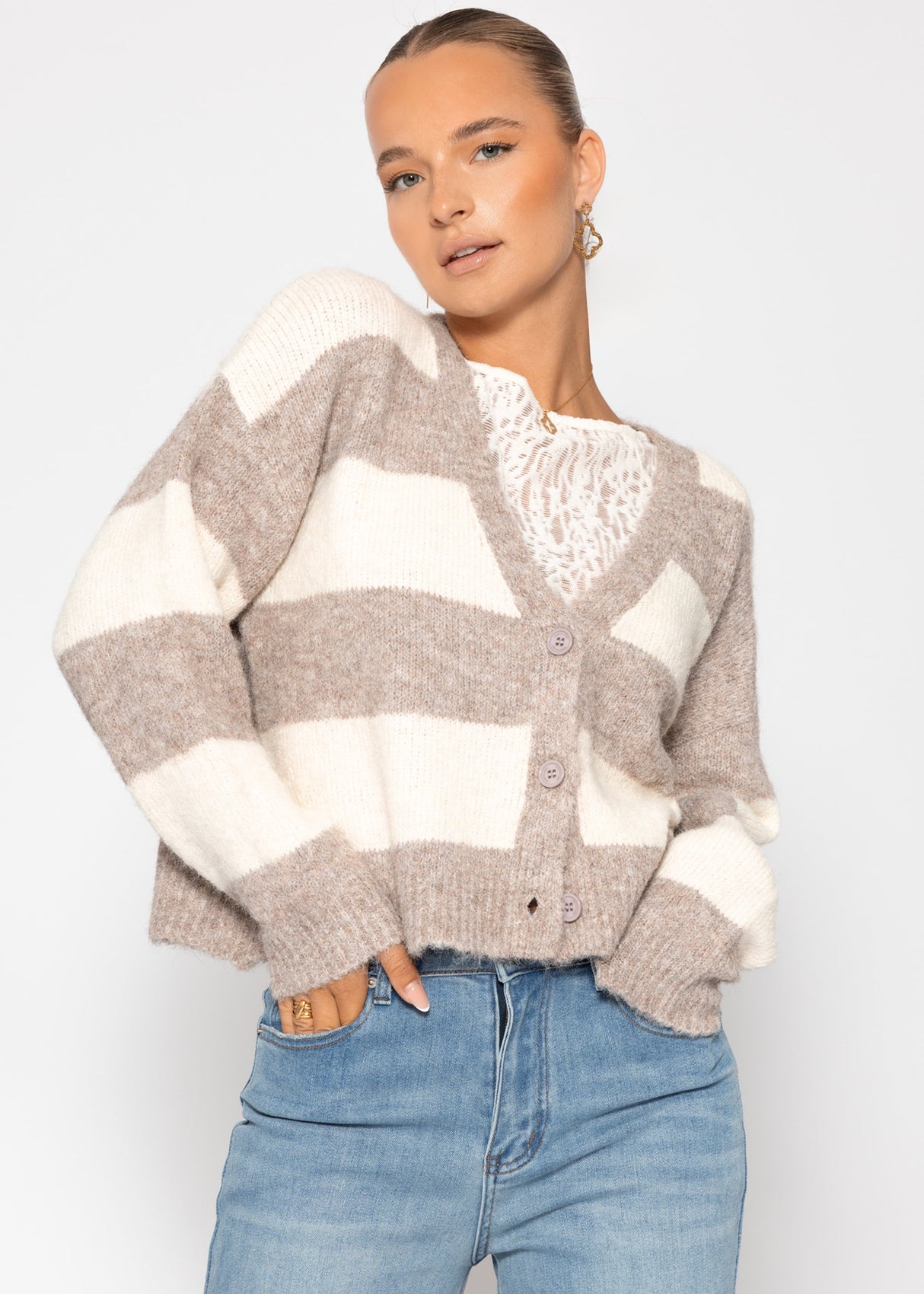 Cardigan mit Blockstreifen und V-Ausschnitt - beige