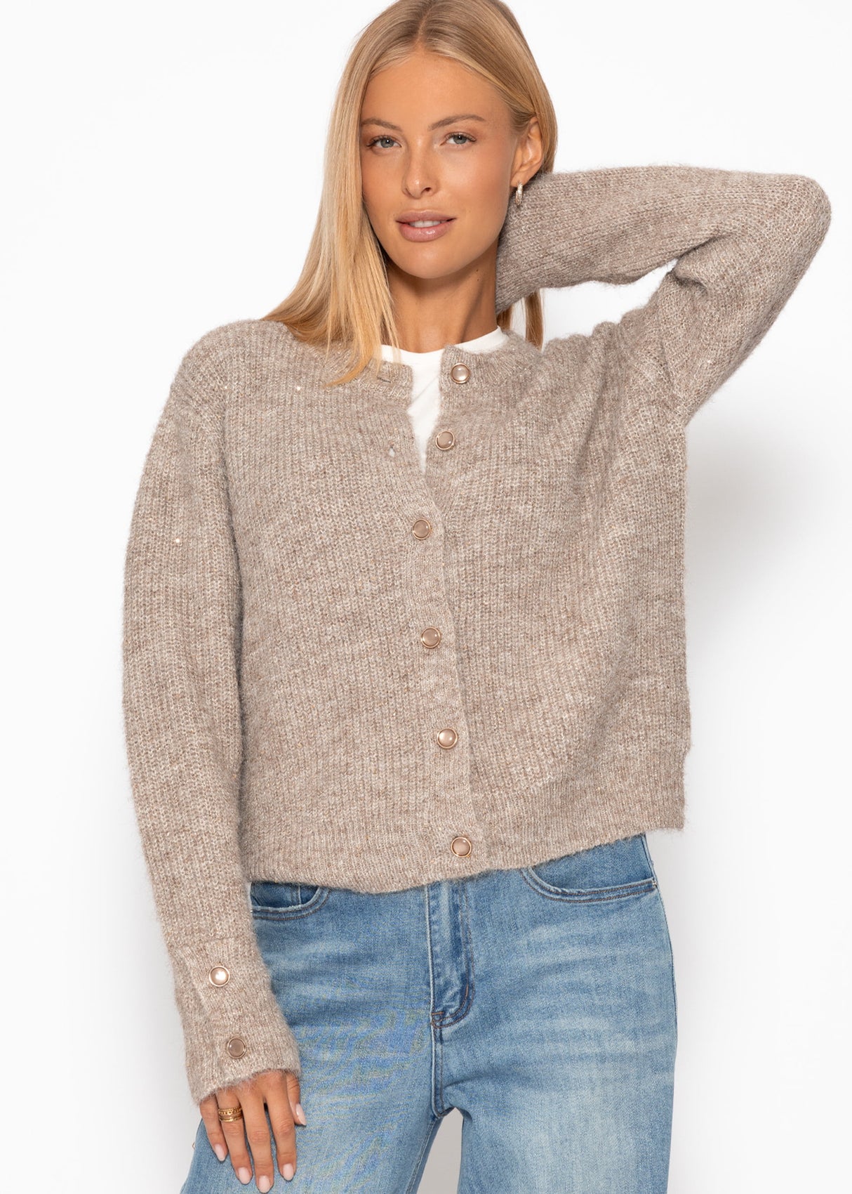 Cardigan mit Pailletten - taupe