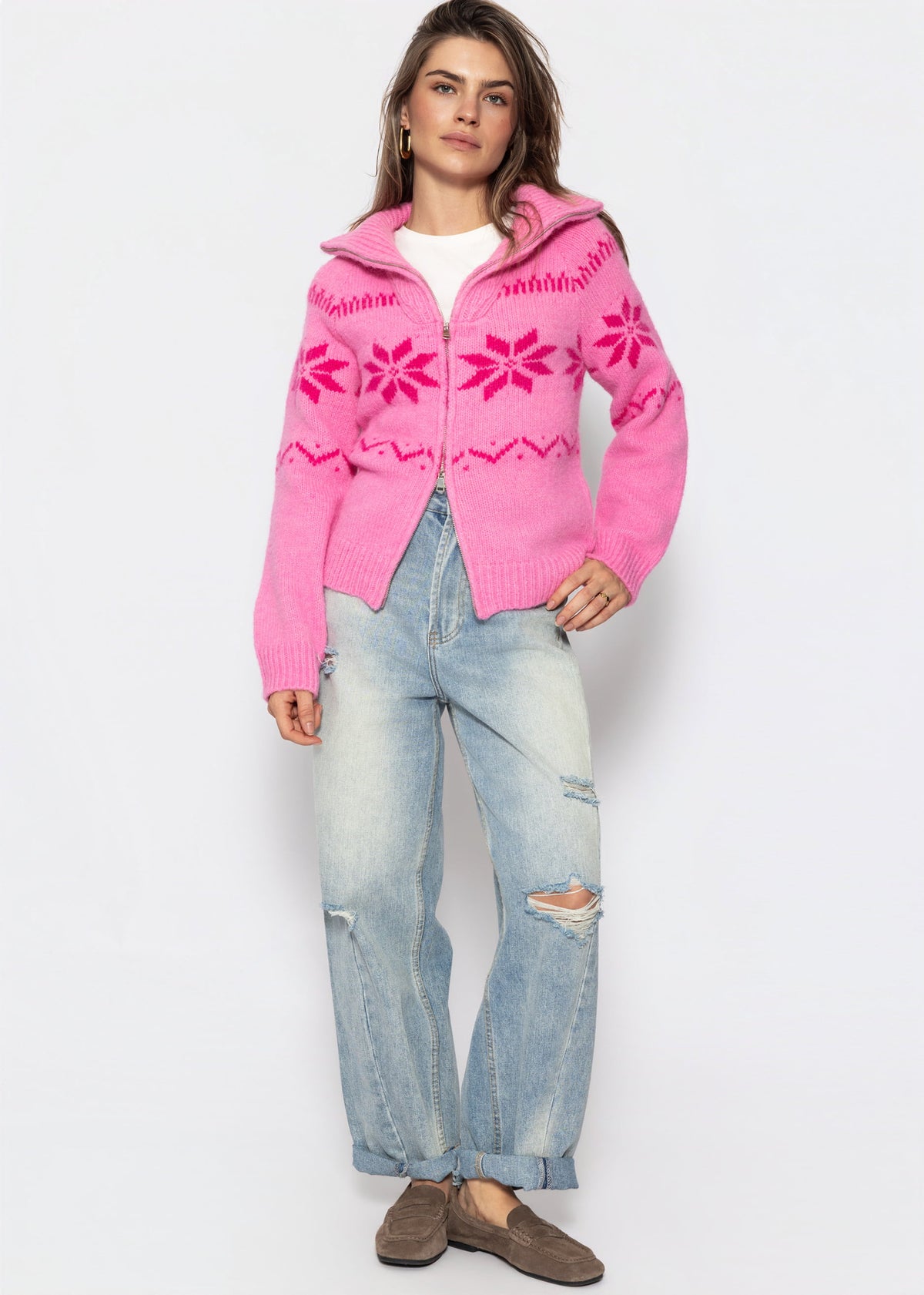 Cardigan mit Reißverschluss und Schneeflocken-Muster - pink