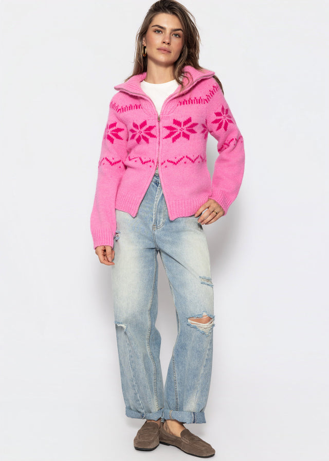 Cardigan mit Reißverschluss und Schneeflocken-Muster - pink
