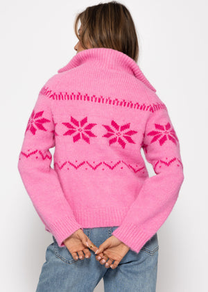 Cardigan mit Reißverschluss und Schneeflocken-Muster - pink