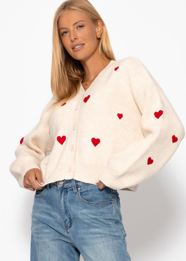 Cardigan mit roten Herzen - offwhite