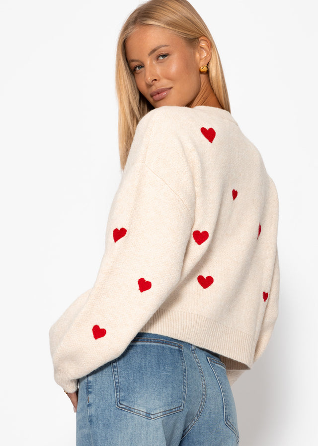 Cardigan mit roten Herzen - offwhite