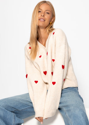 Cardigan mit roten Herzen - offwhite