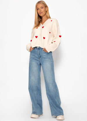Cardigan mit roten Herzen - offwhite
