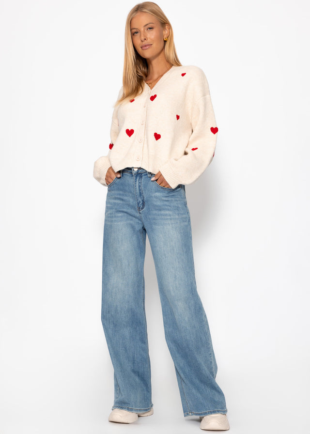 Cardigan mit roten Herzen - offwhite