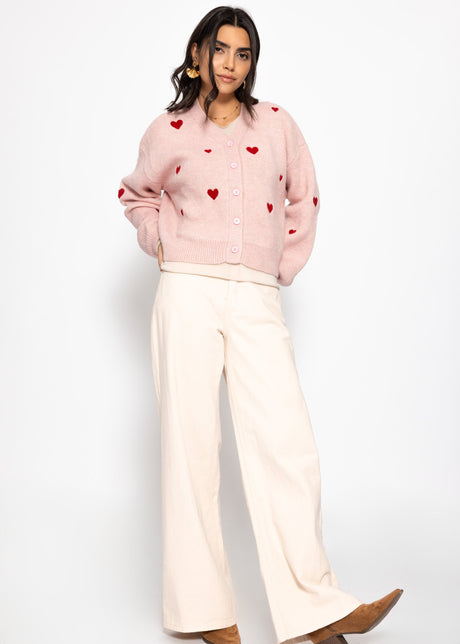 Cardigan with red hearts - rose