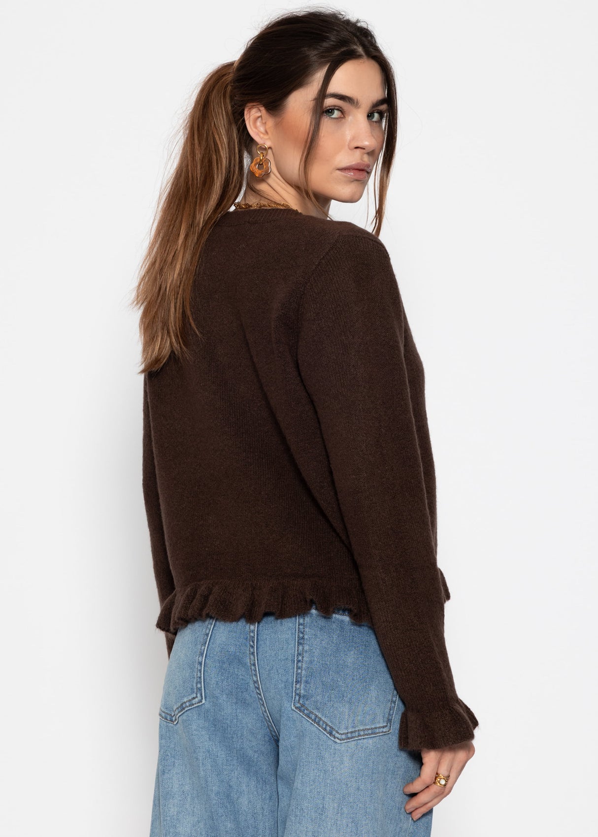 Cardigan with ruffles - dark brown