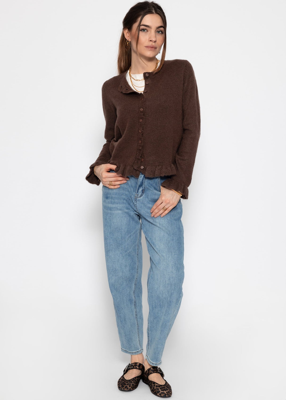 Cardigan with ruffles - dark brown