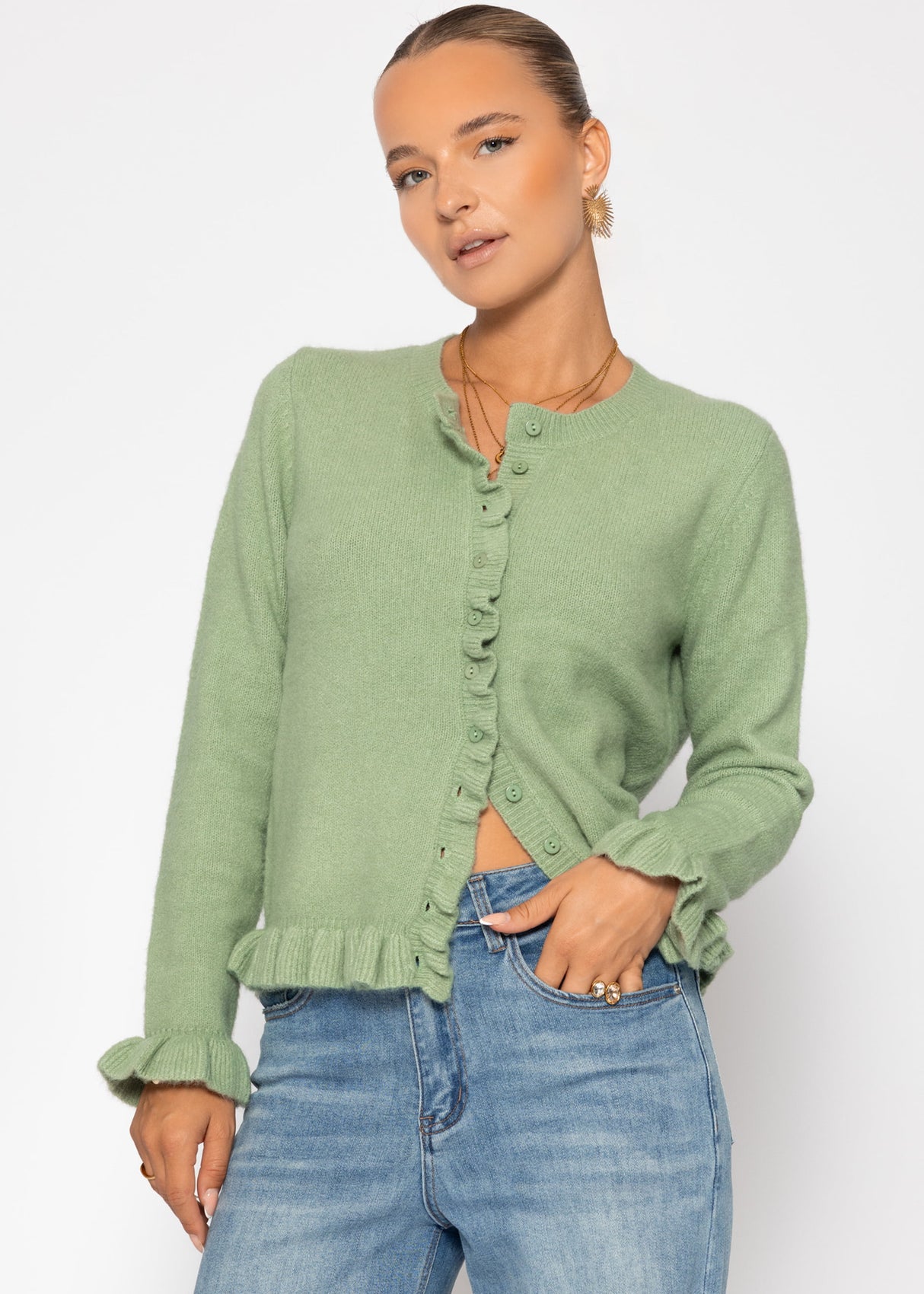 Cardigan with ruffles - sage green