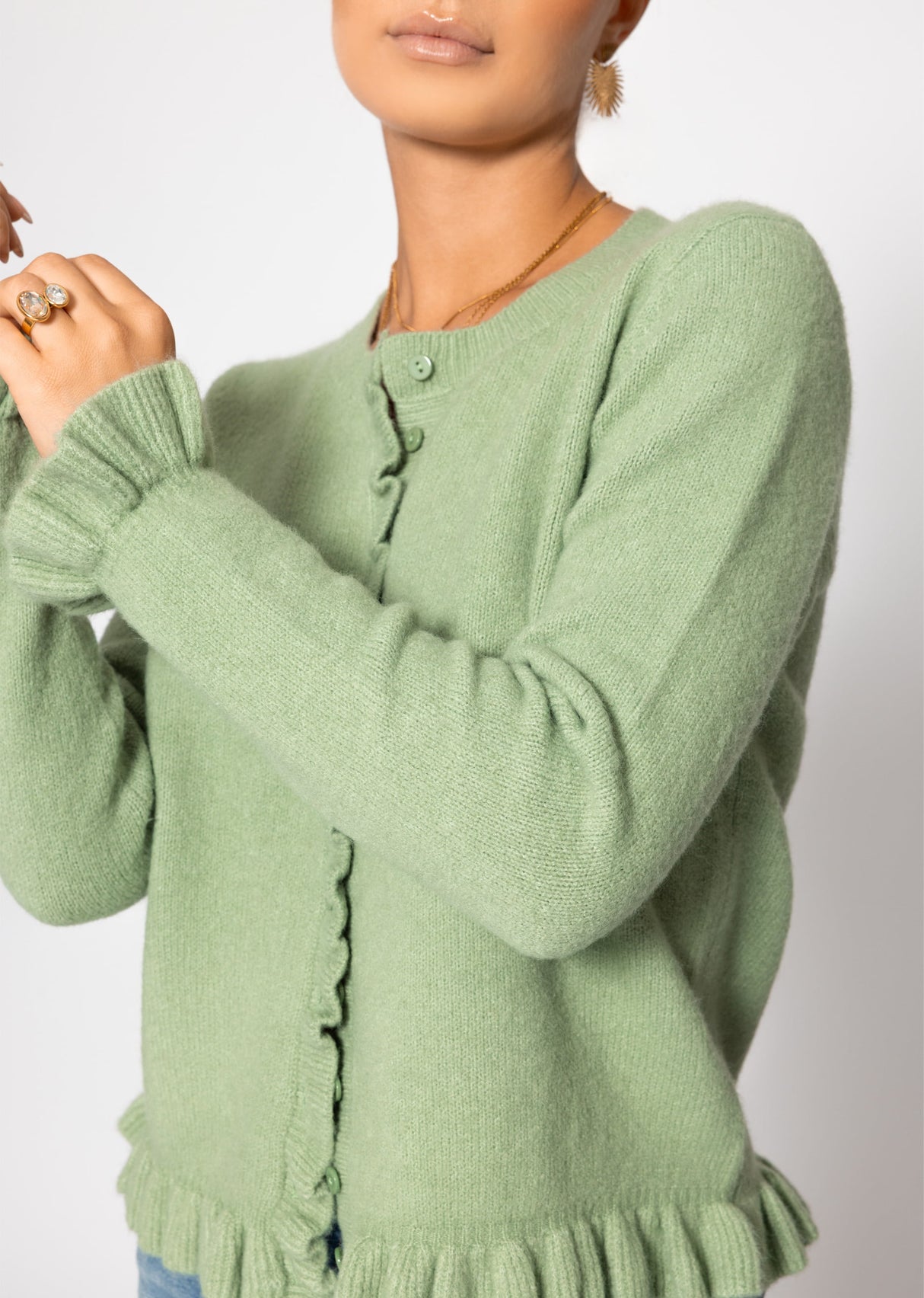 Cardigan with ruffles - sage green