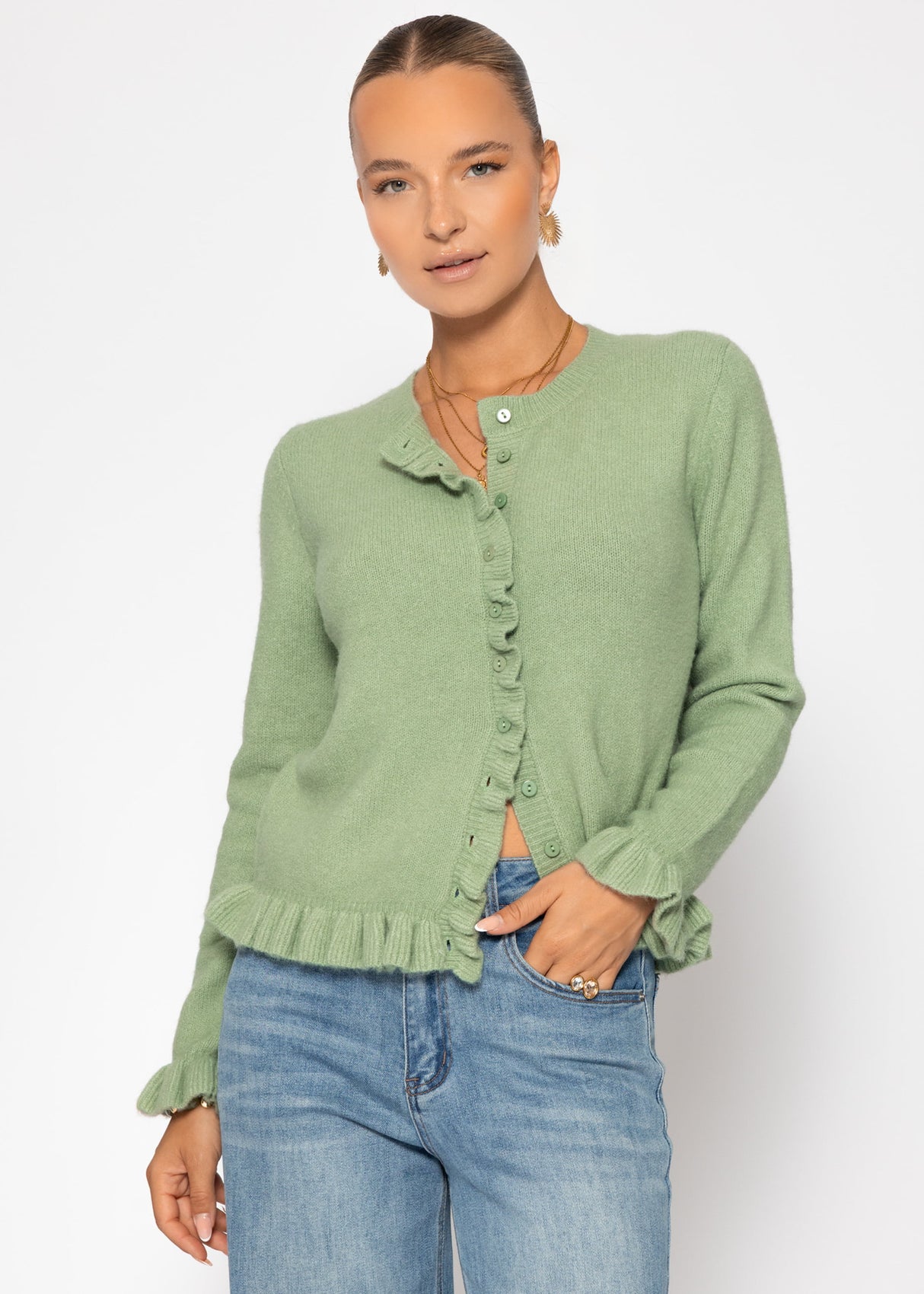 Cardigan with ruffles - sage green