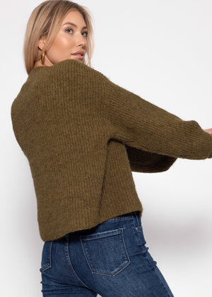 Cardigan with round neckline - khaki