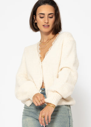 Cardigan mit Spitzen-Ausschnitt - offwhite