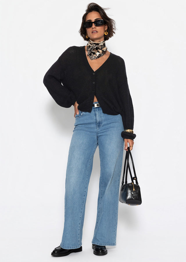 Feinstrick Cardigan mit V-Ausschnitt - schwarz