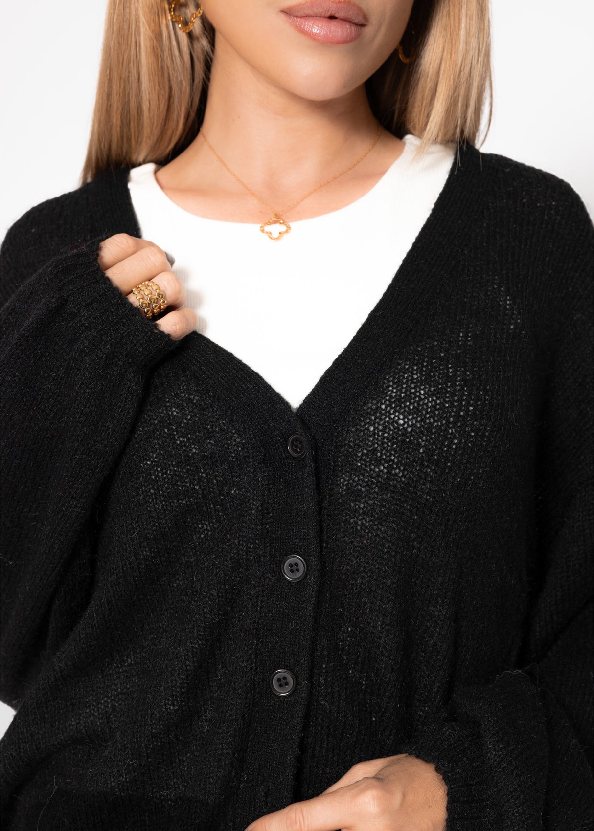 Feinstrick Cardigan mit V-Ausschnitt - schwarz