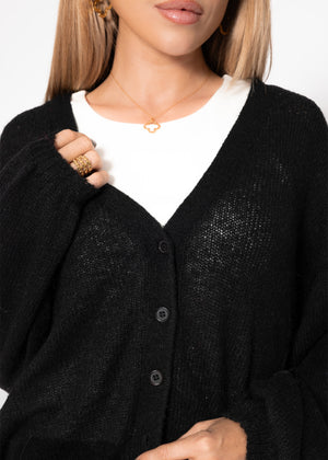 Feinstrick Cardigan mit V-Ausschnitt - schwarz