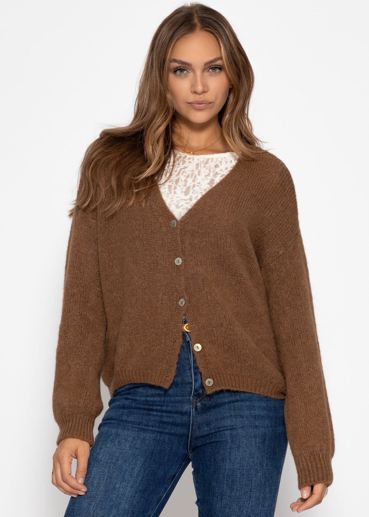 Cardigan mit V-Ausschnitt und Knopfleiste - braun