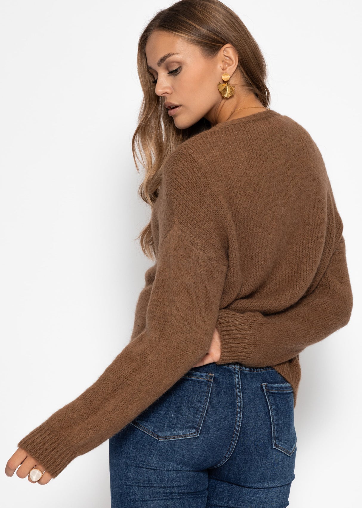 Cardigan mit V-Ausschnitt und Knopfleiste - braun