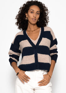 Cardigan mit Blockstreifen und V-Ausschnitt - dunkelblau