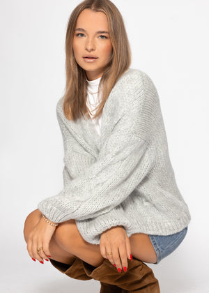 Oversized cardigan with cable knit detail - light grey