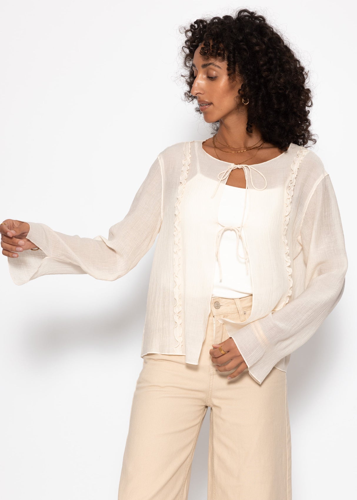 Chiffon Bluse mit Schleifenverschluss - hellbeige