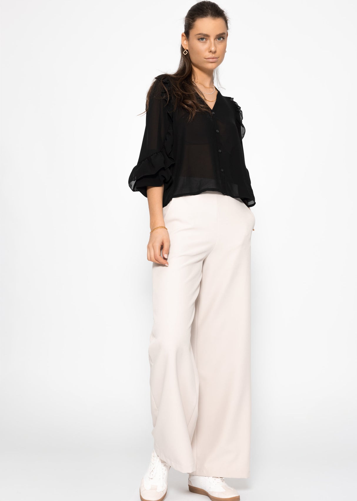 Chiffon Bluse mit Volants - schwarz