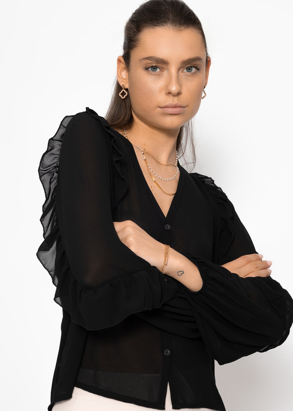 Chiffon Bluse mit Volants - schwarz