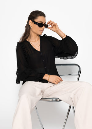 Chiffon Bluse mit Volants - schwarz