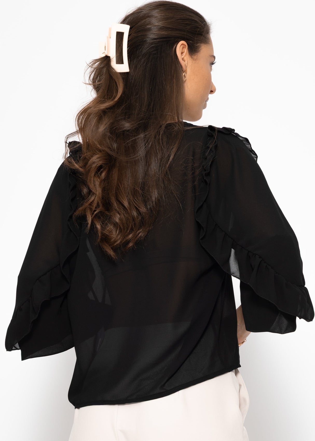 Chiffon Bluse mit Volants - schwarz