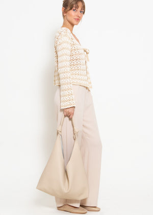 Crop cardigan in openwork knit with ties - beige-off-white
