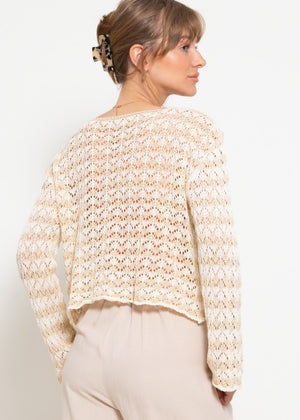Crop cardigan in openwork knit with ties - beige-off-white