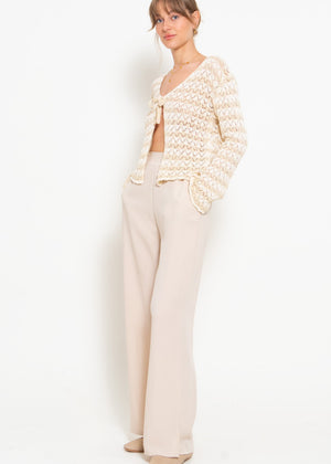 Crop cardigan in openwork knit with ties - beige-off-white