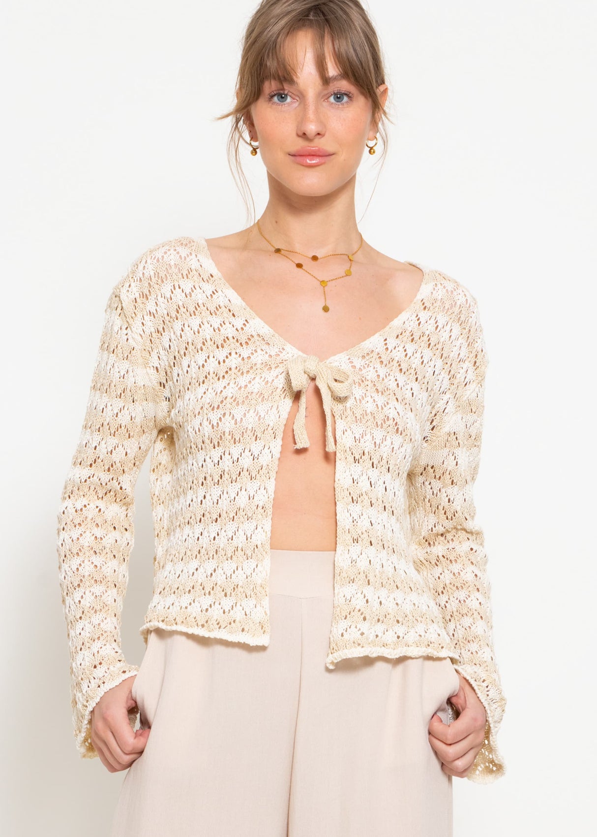 Crop cardigan in openwork knit with ties - beige-off-white