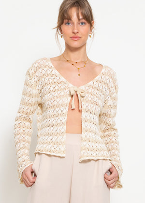 Crop cardigan in openwork knit with ties - beige-off-white