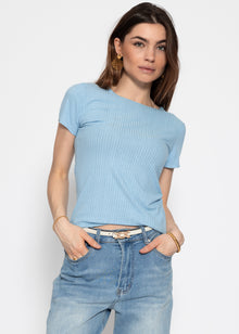 T-Shirt in geripptem Jersey - hellblau